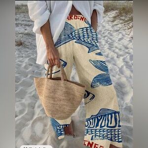 Sardine Design Blue and Cream Wide-Leg Pants